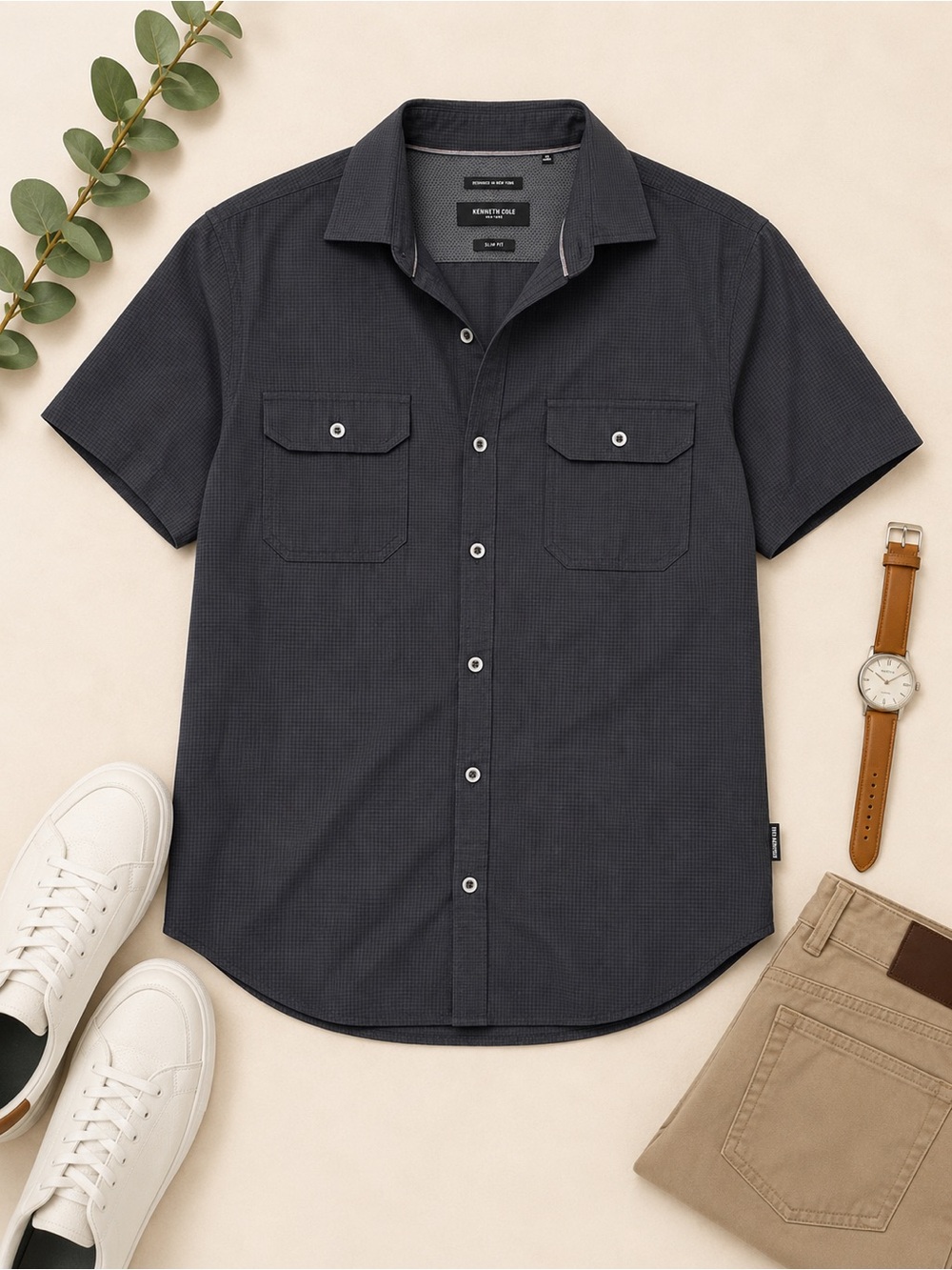 Kenneth Cole Men’s Slim Fit Charcoal Short Sleeve Button Down Shirt M